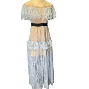 INA Off the Shoulder Ruffle Lace Maxi Dress Size M Blue